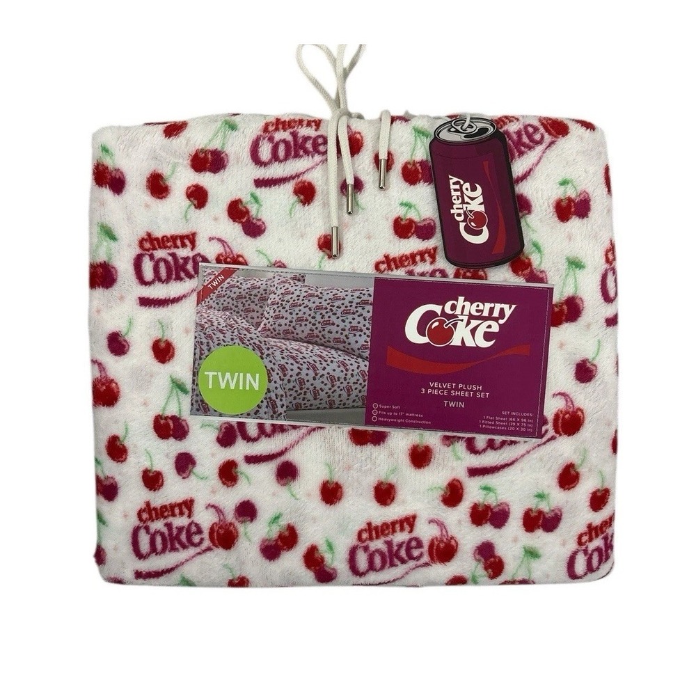 Coca Cola Cherry Coke 3pc Twin Plush Sheet Set Red Cherries Logo